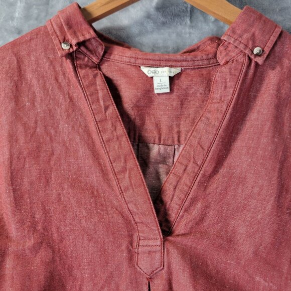 Cato Womens Red Linen Blend Tunic Top L Roll Tab Sleeve Casual Workwear Vibe - Picture 4 of 8